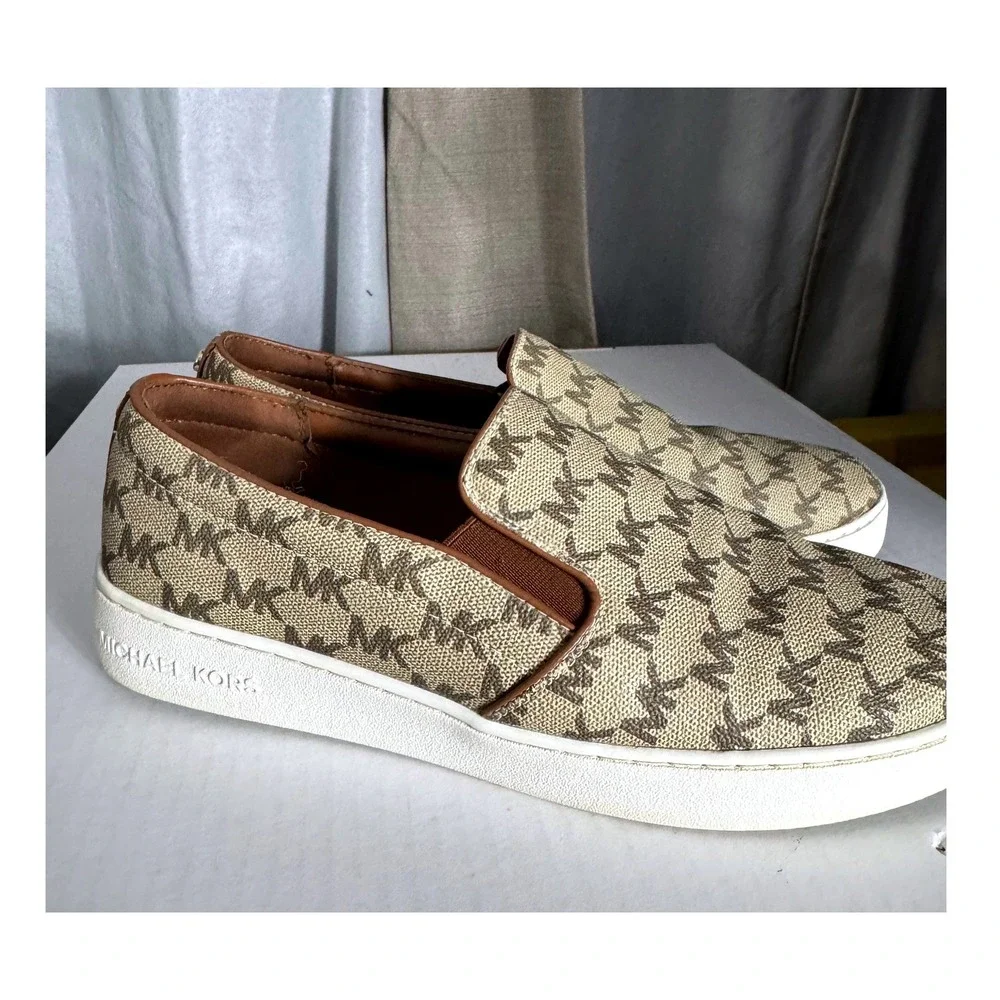Michael Kors Womens MK Signature Logo Slip On Sneakers Tan Brown Sz 9
